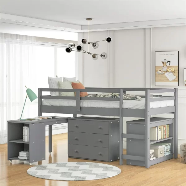 Loft Bed with Desk and Dresser, Wood Loft Beds Frame with Cabinet & Storage Shelves & Rolling Portable Desk for Boys, Girls - Image 8