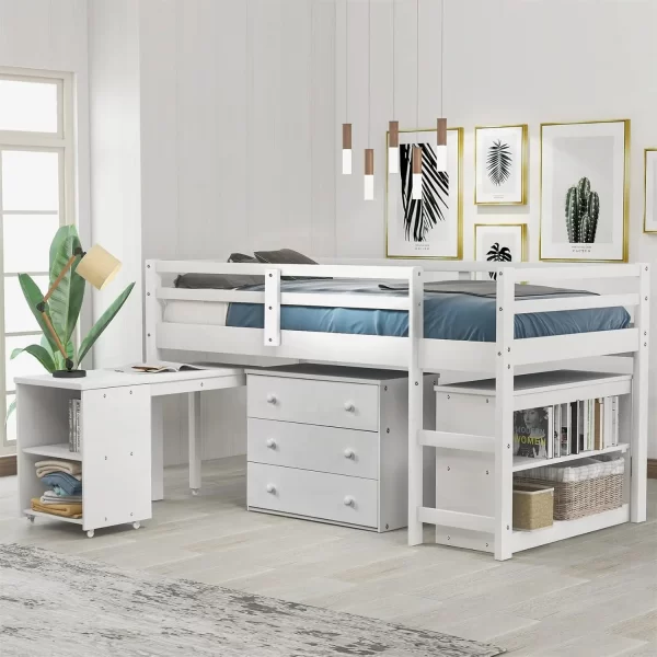 Loft Bed with Desk and Dresser, Wood Loft Beds Frame with Cabinet & Storage Shelves & Rolling Portable Desk for Boys, Girls - Image 9
