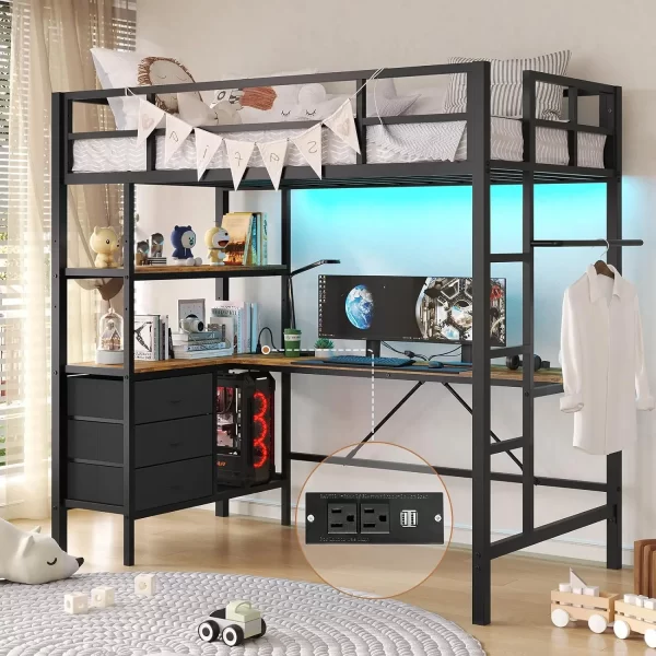 Twin Loft Bed with L-Shaped Desk, LED Lights,Charging Station LED Loft Bed Frame with 3 Storage Shelves and 3 Fabric Drawers - Image 7
