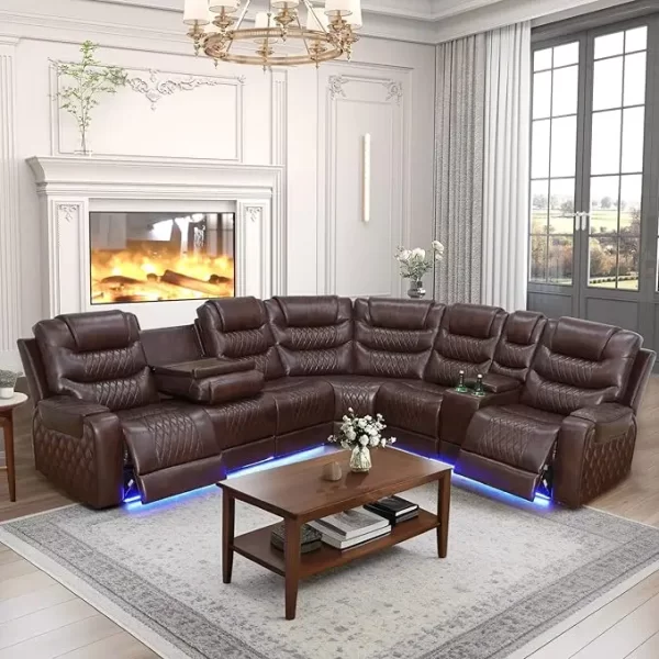 Power Reclining Sectional Sofa USB Chargers and Storage Console, Leather Recliner Sofa for Living Room Furniture Set - Image 9