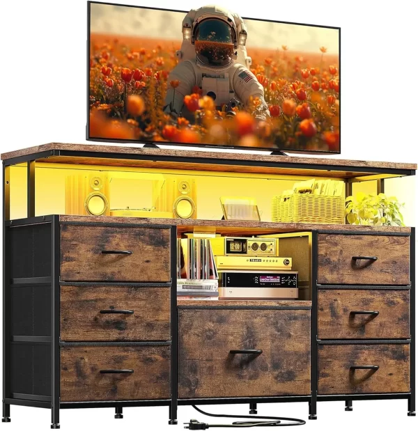 Dresser TV stand with LED lights & power outlets,55"TV stand dresser entertainment center with 7 fabric drawers and wood shelves - Image 9