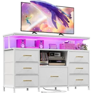 Dresser TV stand with LED lights & power outlets,55"TV stand dresser entertainment center with 7 fabric drawers and wood shelves