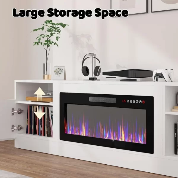 36 inch Fireplace Up to 90" TVs, LED Light Entertainment Center and Storage, 80" Modern Wood Media, TV Stands - Image 3