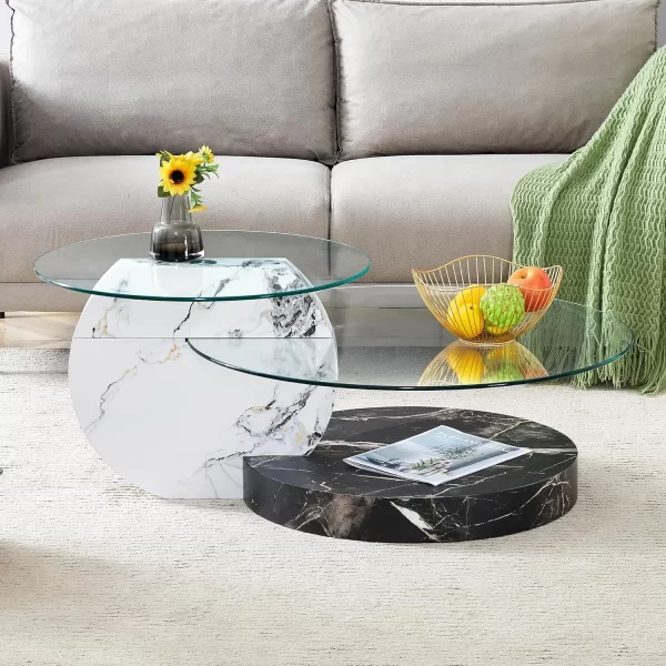 Glass Coffee Table, Modern Round Tempered Glass Coffee Tables for Living Room, 3-Tier Circle Walnut Coffee Table with Storage - Image 8