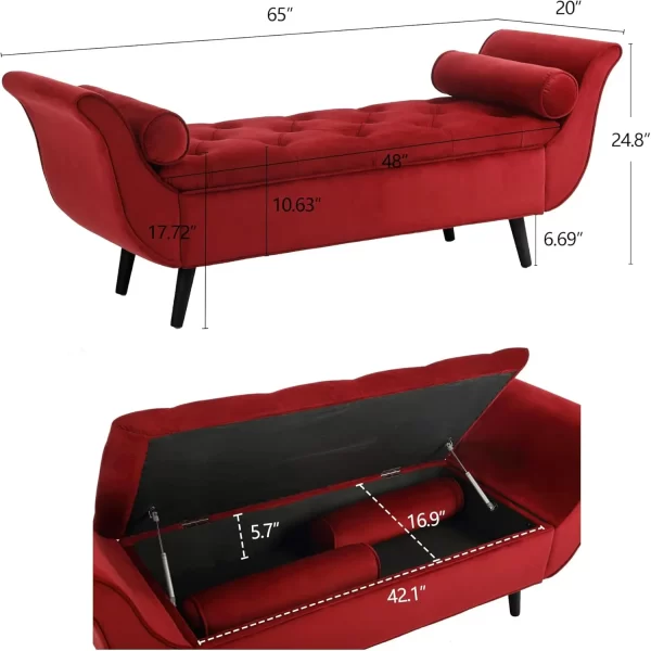 Velvet Storage Bench For Bedroom End Of Bed, 65"" Upholstered Rolled Armed Button Tufted Stool Bench, Storage Ottoman Long - Image 2