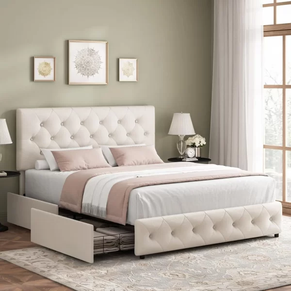 Modern Upholstered Bed Frame with 4 Storage Drawers, Button Tufted Headboard Design, Solid Wooden Slat Support, Easy Assembly - Image 10
