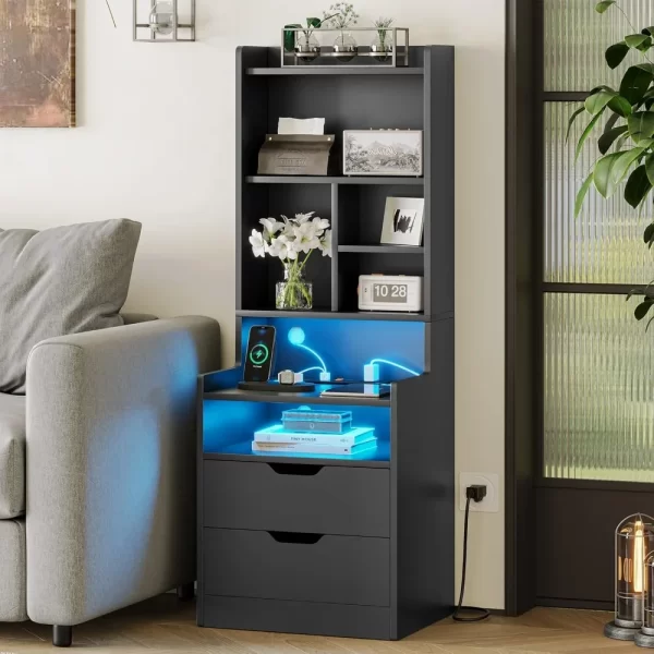 Charging Nightstand Set of 2 with LED Lights,Tall Night Stand with Bookshelf,Bedside Table with Drawers - Image 5