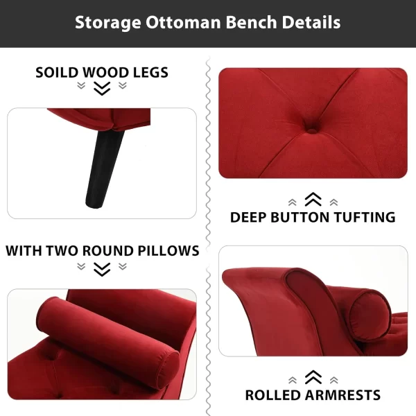 Velvet Storage Bench For Bedroom End Of Bed, 65"" Upholstered Rolled Armed Button Tufted Stool Bench, Storage Ottoman Long - Image 4