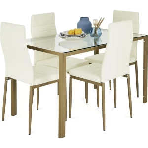 5-Piece Glass Dining Set, Modern Kitchen Table Furniture for Dining Room, Dinette, Compact Space-Saving w/Glass Tabletop