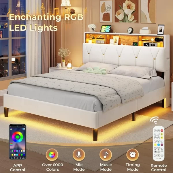 ADORNEVE Full Size Bed Frame with Led Lights and Storage Headboard, LED Bed Frame with Charging Station, Velvet Upholstered Plat - Image 3