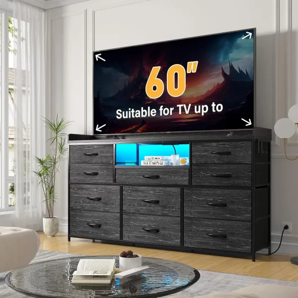 Dresser for Bedroom with 11 Drawers for 60" TV Stand for Bedroom with LED Lights & Charging Station Long Dresser with Shelves - Image 4