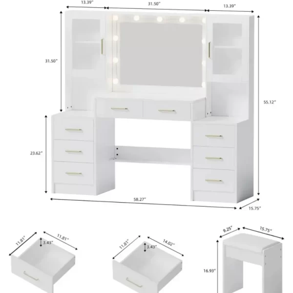 58.3" Vanity Desk with Mirror & Lights, Makeup Vanity with 10 LED Lights, 8 Metal Sliding Drawers & 2 Cabinets, White Vanity Set - Image 2
