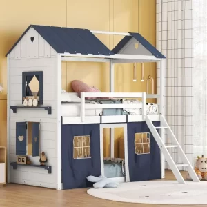Twin Loft Bunk Bed with Tent,Kids Twin Loft Bed with Ladders,Guardrail,Windows & Roof,Suitable for bedrooms boys and girls
