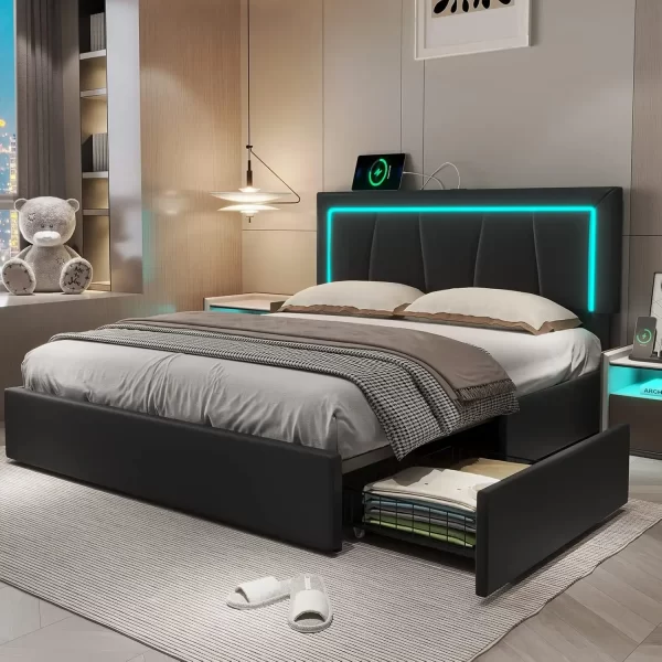 California King Bed Frame with 4 Storage Drawers, Charging Station, Artificial Leather Upholstered Headboard, LED Bed Frame - Image 7