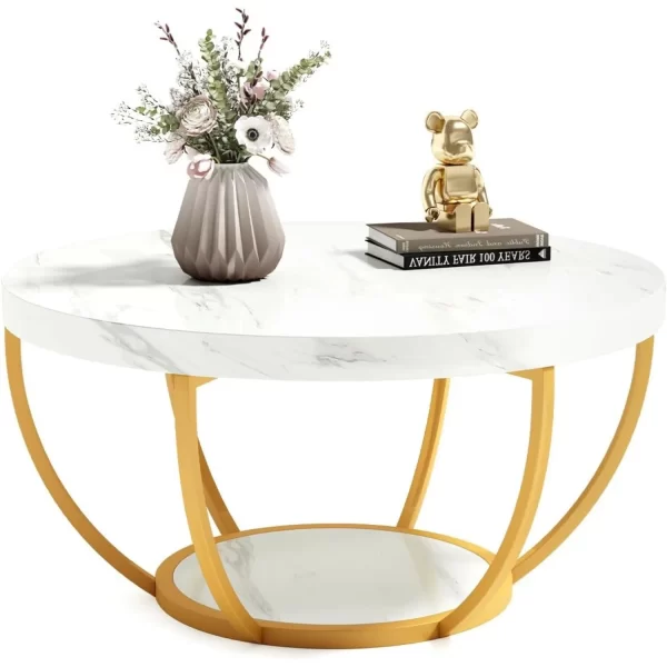 32" Circle Marble Coffee Tables, 2-Tier Golden Metal Legs Accent Center Table with Open Storage Modern Design Home Furniture - Image 6
