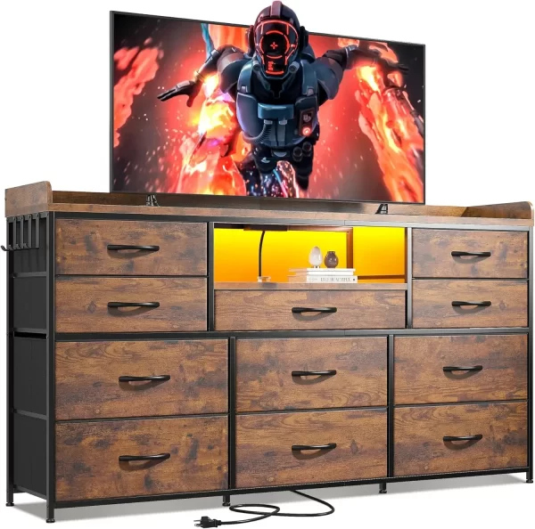 Dresser for Bedroom with 11 Drawers for 60" TV Stand for Bedroom with LED Lights & Charging Station Long Dresser with Shelves - Image 3