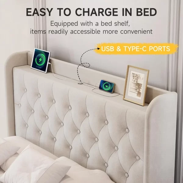 Bed Frame with Headboard, Adjustable Velvet Upholstered Bed Frame with Type-C&USB Ports, Wingback Storage Headboard - Image 3