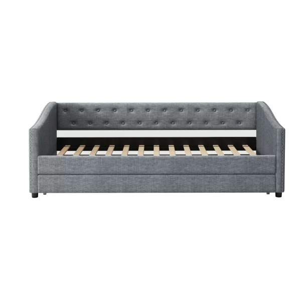 Twin Size Daybed with Twin Size Trundle Upholstered Tufted Sofa Bed, with Button on Back and Copper Nail on Waved Shape Arms-Lig - Image 6