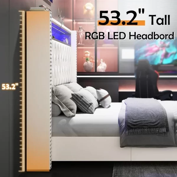 LED King Size Bed Frame and Headboard with Charging Station Velvet Upholstered Beds, No Box Spring Needed, King Size  Bed Frame - Image 4