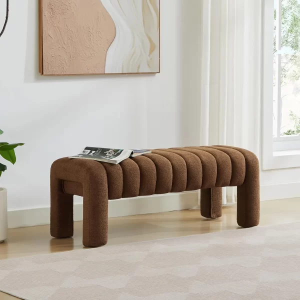 End of Bed Bench, Modern Sherpa Entryway Bench, Upholstered Ottoman Stool with Extra Length, Full Coverage Fabrics - Image 10
