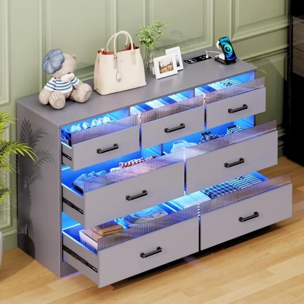 Grey Dressers for Bedroom, 7 Drawers Large Chest of Drawers with LED Light, Modern Dresser with USB & Type-c Charging Ports