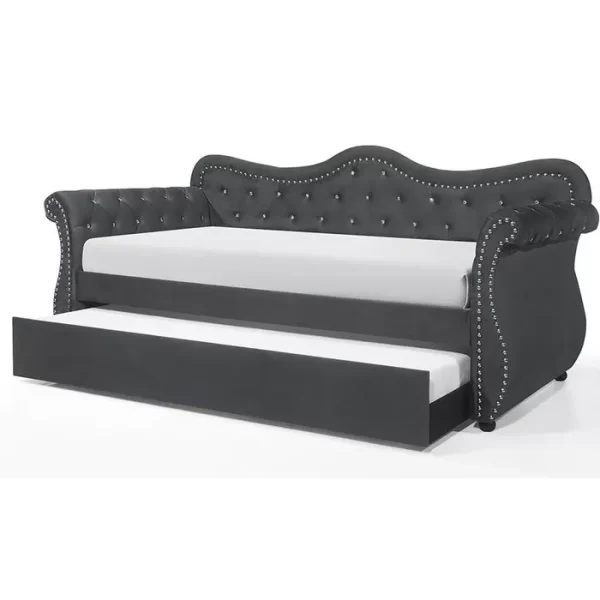 Gray Velvet Upholstered Wood Daybed with Trundle, Abby Collection - Image 4