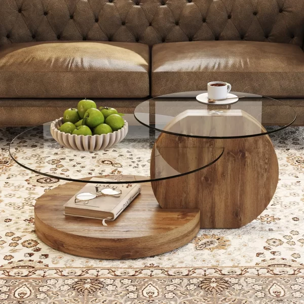 Glass Coffee Table, Modern Round Tempered Glass Coffee Tables for Living Room, 3-Tier Circle Walnut Coffee Table with Storage - Image 12