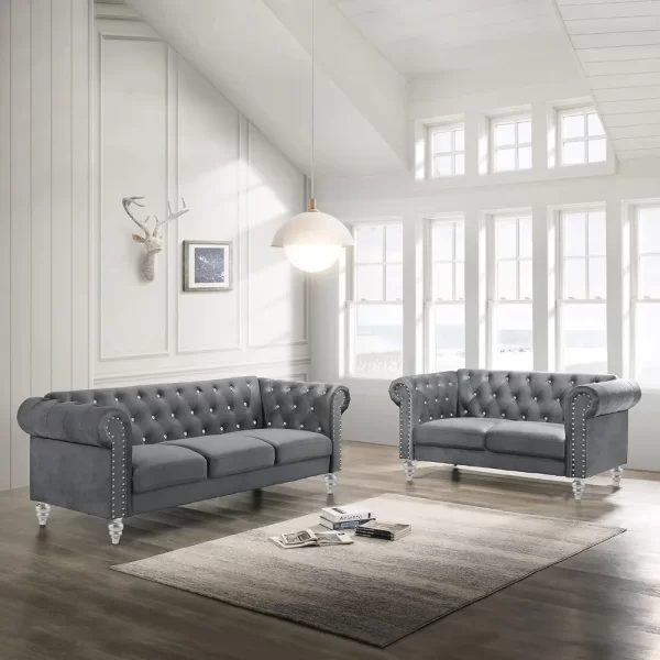 living room sofas Glam Emma Velvet Three Seater Chesterfield Style Sofa for Small Spaces with Crystal Button Tufts sofas - Image 4