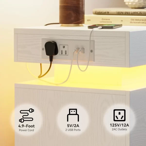 Night Stand Set of 2, Modern White Nightstand with with Charging Station, Bedside Tables with LED Light and Drawers, End Table - Image 6