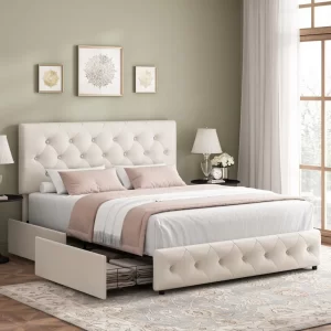 Modern Upholstered Bed Frame with 4 Storage Drawers, Button Tufted Headboard Design, Solid Wooden Slat Support, Easy Assembly