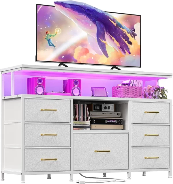 Dresser TV stand with LED lights & power outlets,55"TV stand dresser entertainment center with 7 fabric drawers and wood shelves - Image 8