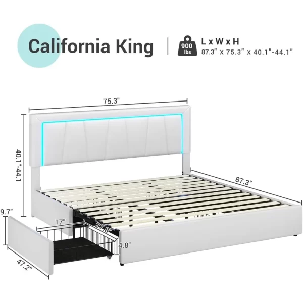 California King Bed Frame with 4 Storage Drawers,White Artificial Leather Upholstered Headboard, No Spring Needed, Noise Free - Image 6