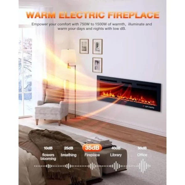 Electric Fireplace 60Inch,Wall Mounted Electric Fireplace Heater with Timer Inserts，TV Stand Touch Screen and Realistic Flame,L - Image 2