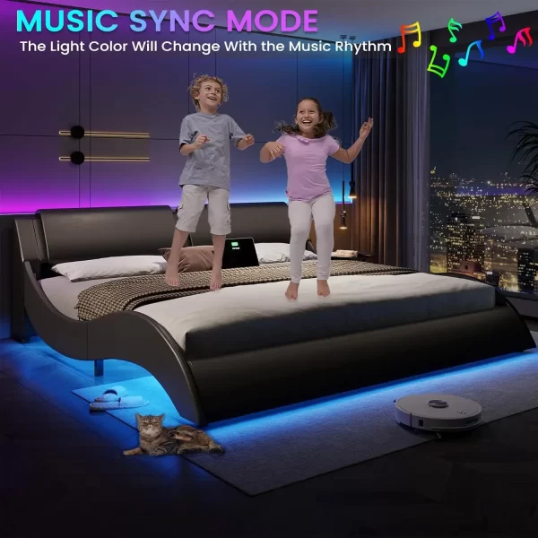 King Size Bed Frame with Headboard and Charging Ports Modern Low Profile King Platform Bed Frame with LED Lights Wave Like - Image 6