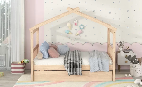 Full Size Wooden House Bed with Drawers, Natural - Image 4