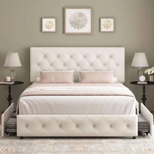 Modern Upholstered Bed Frame with 4 Storage Drawers, Button Tufted Headboard Design, Solid Wooden Slat Support, Easy Assembly - Image 3