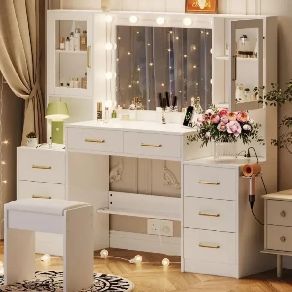 58.3" Vanity Desk with Mirror & Lights, Makeup Vanity with 10 LED Lights, 8 Metal Sliding Drawers & 2 Cabinets, White Vanity Set - Image 6