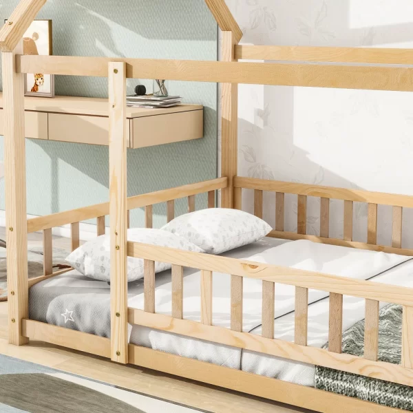 Full Size Floor Wooden Bed with House Roof Frame, Fence Guardrails ,Nartural(Old SKU:W504105242) - Image 4