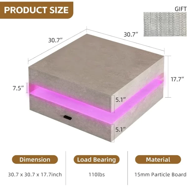LED Coffee Table for Living Room,2-Tier Modern High Gloss Square Middle Center Table with Storage Drawers - Image 2