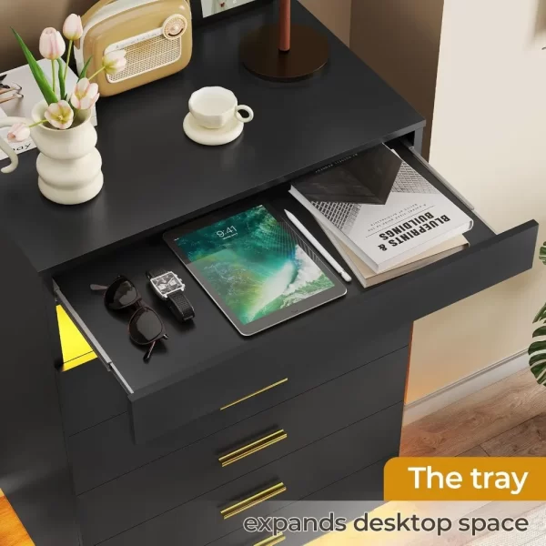 Black Dresser with LED Lights, Floating Tall Dresser with 5 Large Drawers & Open Storage Space & Pull Out Tray, 5 Drawer Dresser - Image 4