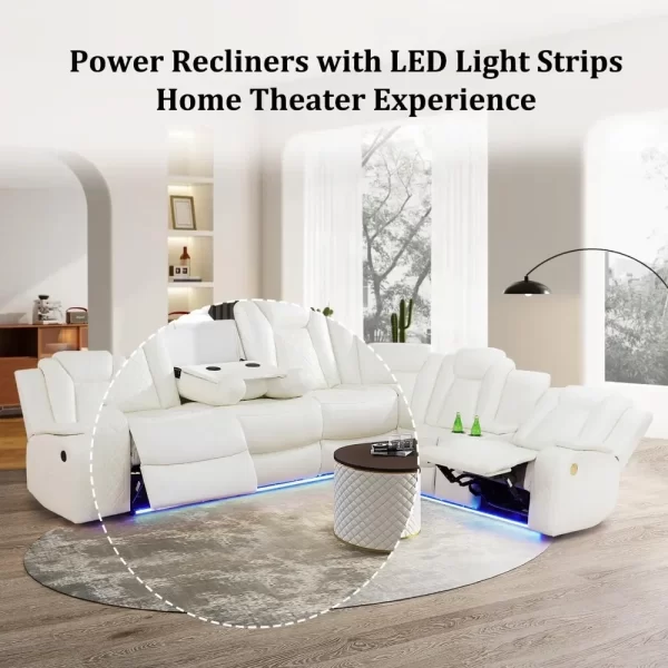Sofa Living Room, Power Reclining Sectional Sofa USB Chargers And Storage Console, Leather Recliner Sofa For Living Room Set - Image 3