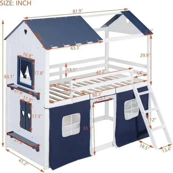 Twin Loft Bunk Bed with Tent,Kids Twin Loft Bed with Ladders,Guardrail,Windows & Roof,Suitable for bedrooms boys and girls - Image 3