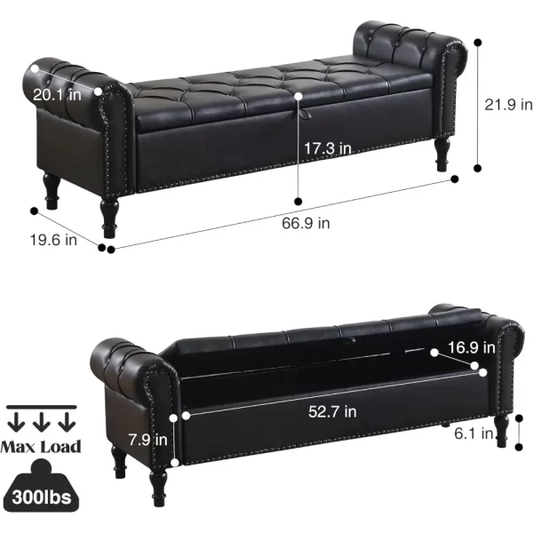 Leather Storage Bench 67 Inch Upholstered Tufted Ottoman Bench with Arms King Size End of Bed Bench for Bedroom Living Room Entr - Image 2
