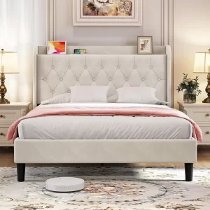 Bed Frame with Headboard, Adjustable Velvet Upholstered Bed Frame with Type-C&USB Ports, Wingback Storage Headboard