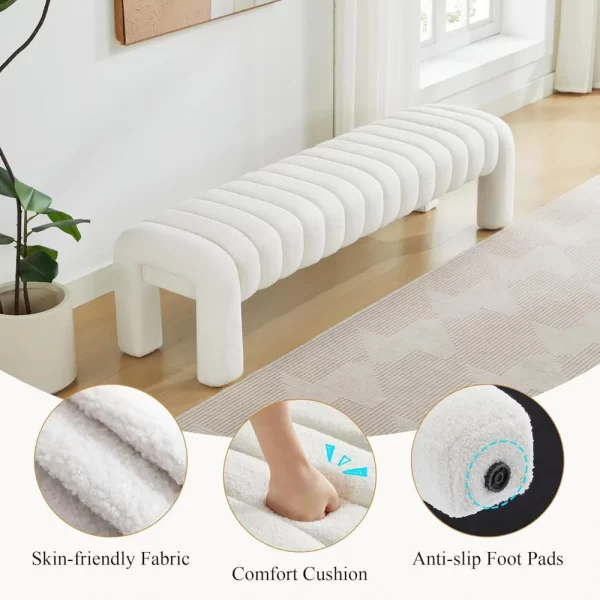 End of Bed Bench, Modern Sherpa Entryway Bench, Upholstered Ottoman Stool with Extra Length, Full Coverage Fabrics - Image 4