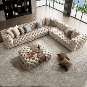 Modern Button Tufted L-shaped Curved Chesterfield Sofa Upholstered Velvet Corner Sofa Sets Living Room Sofa Set Modular