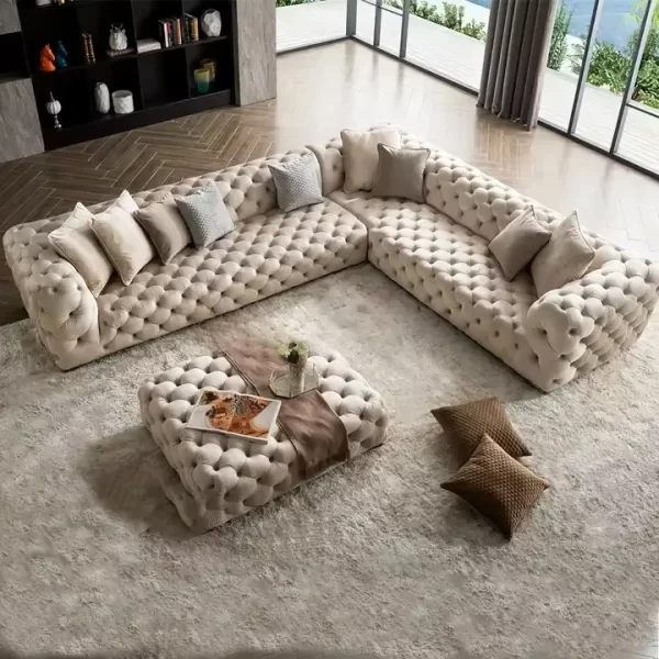 Modern Button Tufted L-shaped Curved Chesterfield Sofa Upholstered Velvet Corner Sofa Sets Living Room Sofa Set Modular