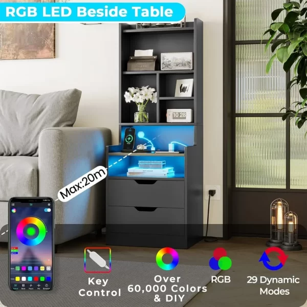 Charging Nightstand Set of 2 with LED Lights,Tall Night Stand with Bookshelf,Bedside Table with Drawers - Image 2