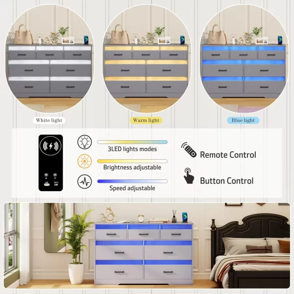 Grey Dressers for Bedroom, 7 Drawers Large Chest of Drawers with LED Light, Modern Dresser with USB & Type-c Charging Ports - Image 4