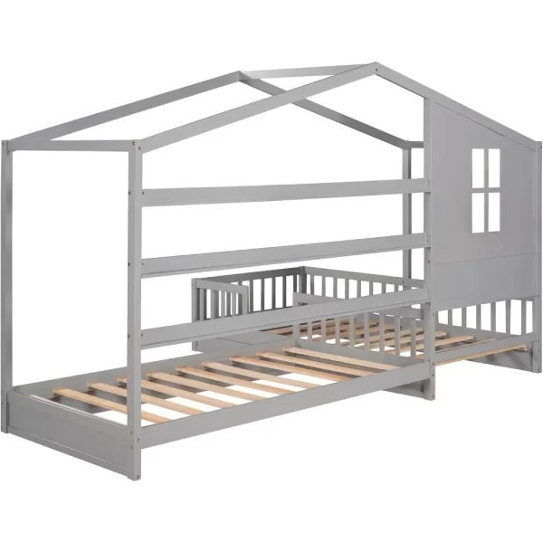 Solid Wood Twin Platform Beds Frame for 2 People, L Shaped Bed Frame with Roof, Twin Corner Bed House Beds for Kids - Image 6